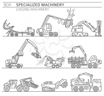 Special industrial logging machine linear vector icon set isolated on white illustration school edition