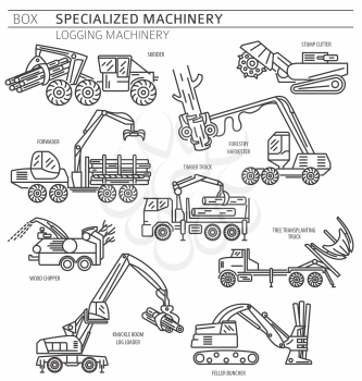 Special industrial logging machine linear vector icon set isolated on white illustration school edition