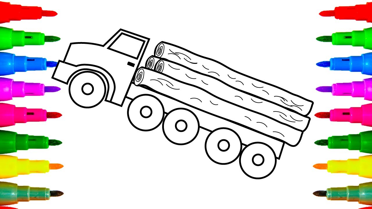 Logging construction truck drawing and coloring for kids coloring pages for kids