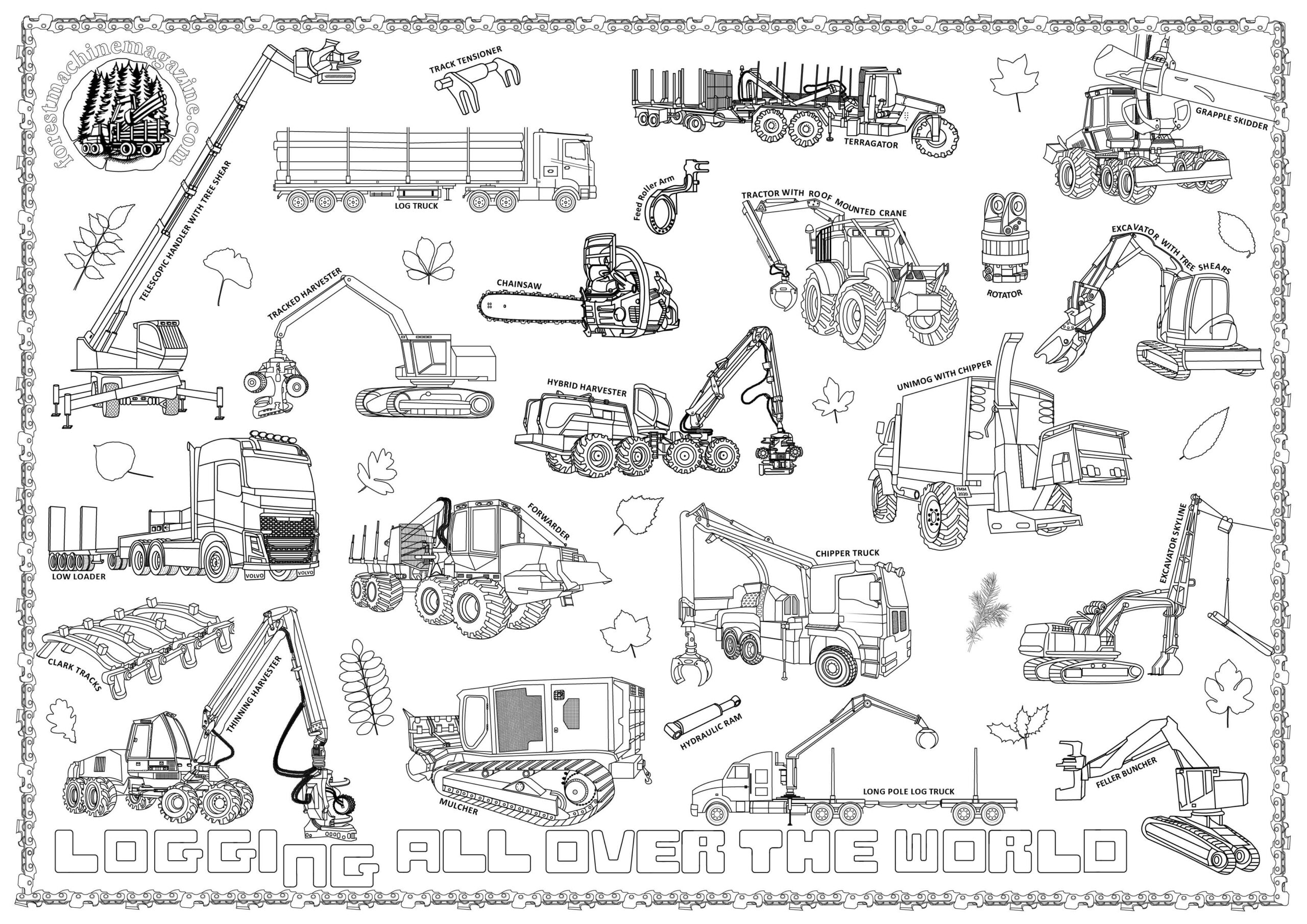 Young loggers colouring in poster forest machine magazine