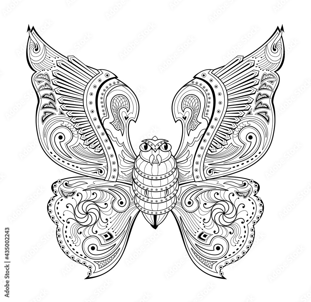 Illustration of magic warlike butterfly from ancient legend black and white page for kids coloring book print for logo or tattoo sheet for drawing and meditation for children and adults vector