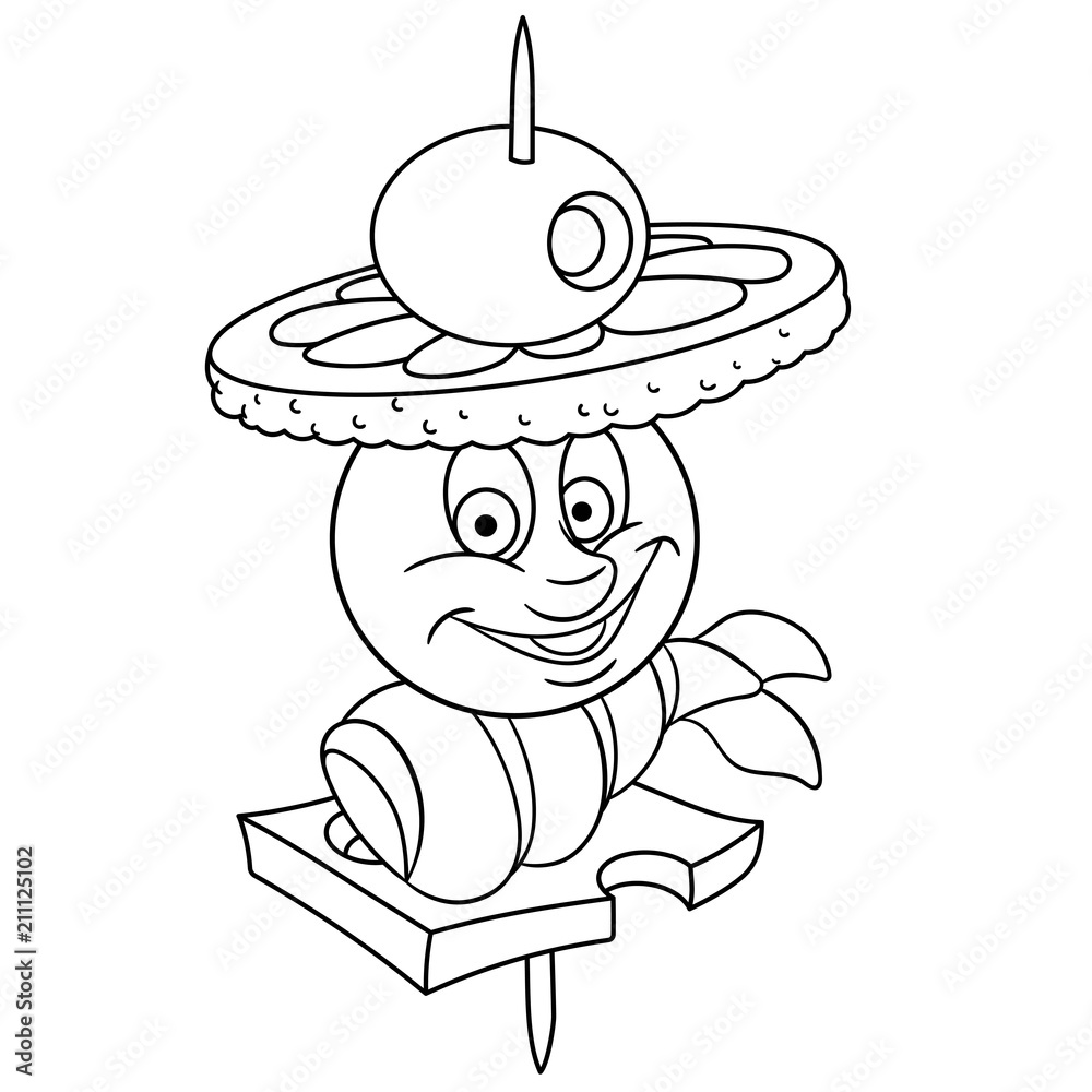 Coloring page coloring book salmon fish canape happy food concept cartoon design for t