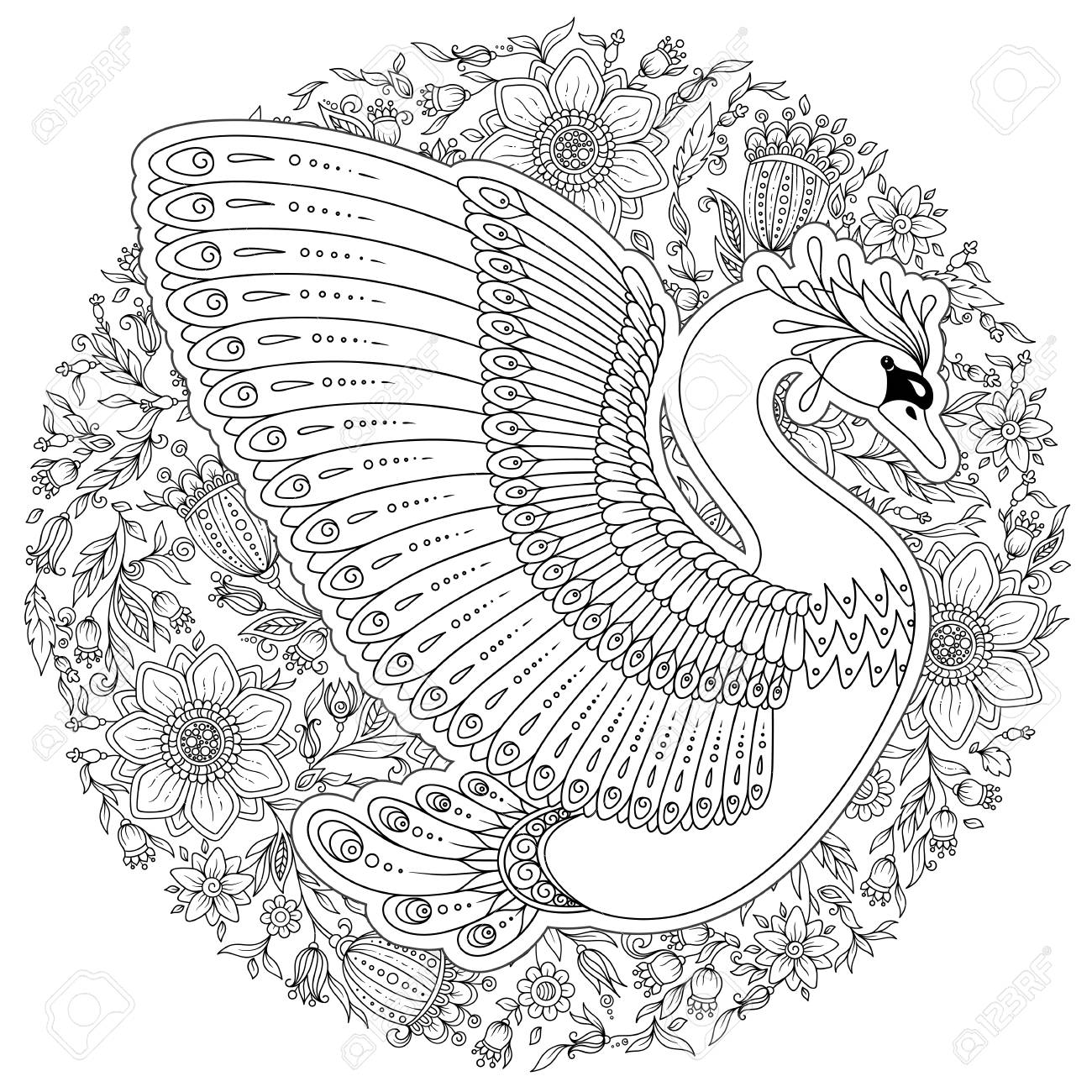 Hand drawing artistic swan for adult coloring pages in doodle tribal style ethnic ornamental patterned tattoo logo t