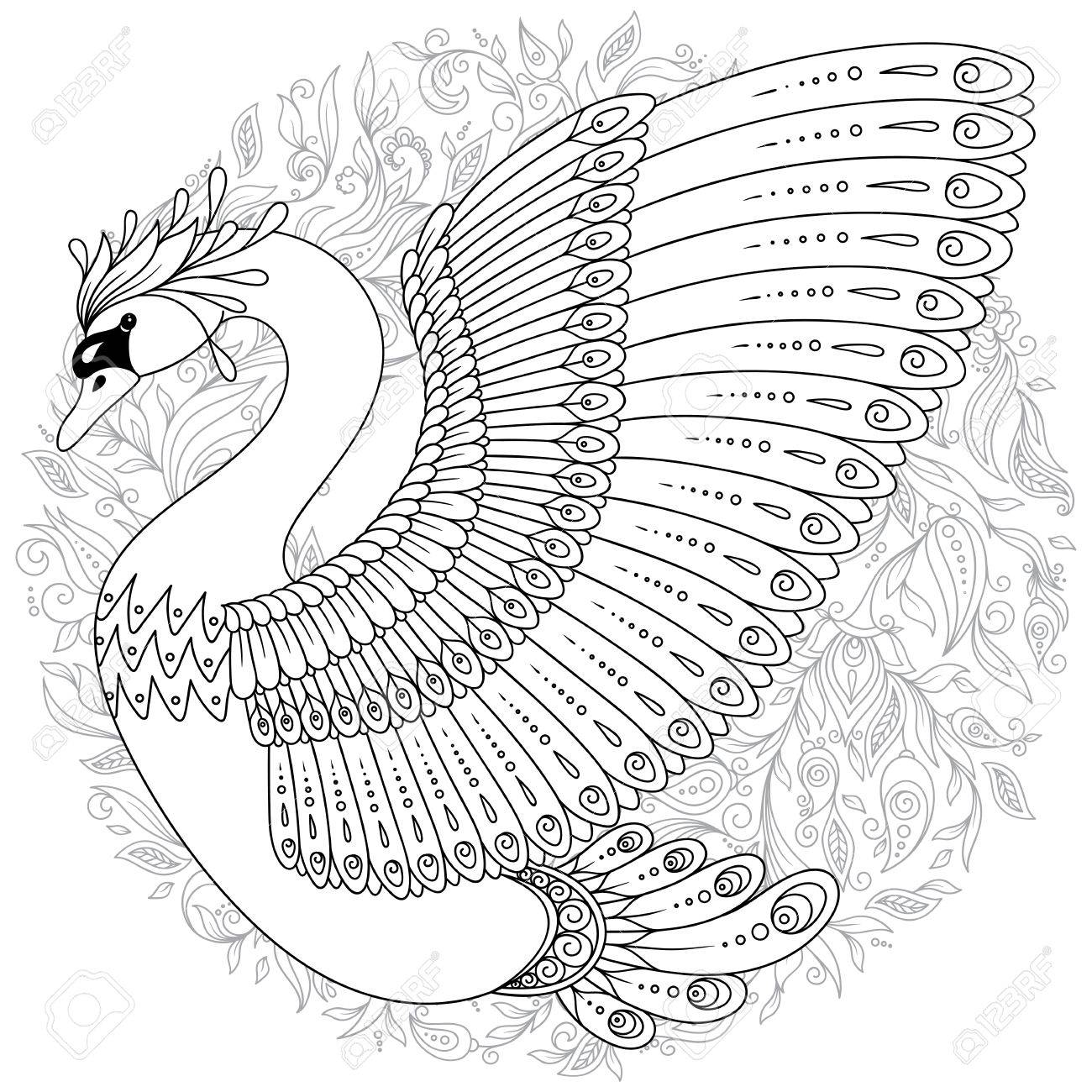 Hand drawing artistic swan for adult coloring pages in doodle tribal style ethnic ornamental patterned tattoo logo t