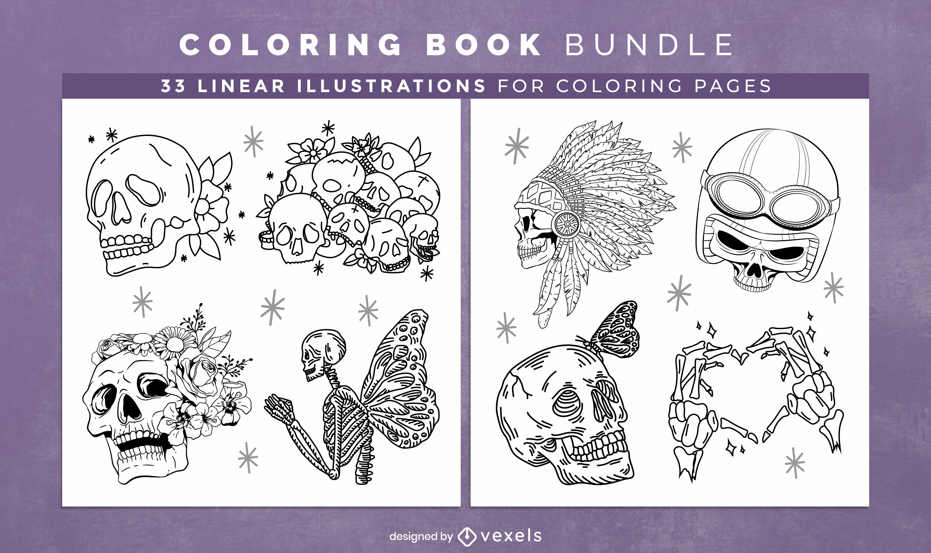 Skulls and skeletons coloring book design pages vector download