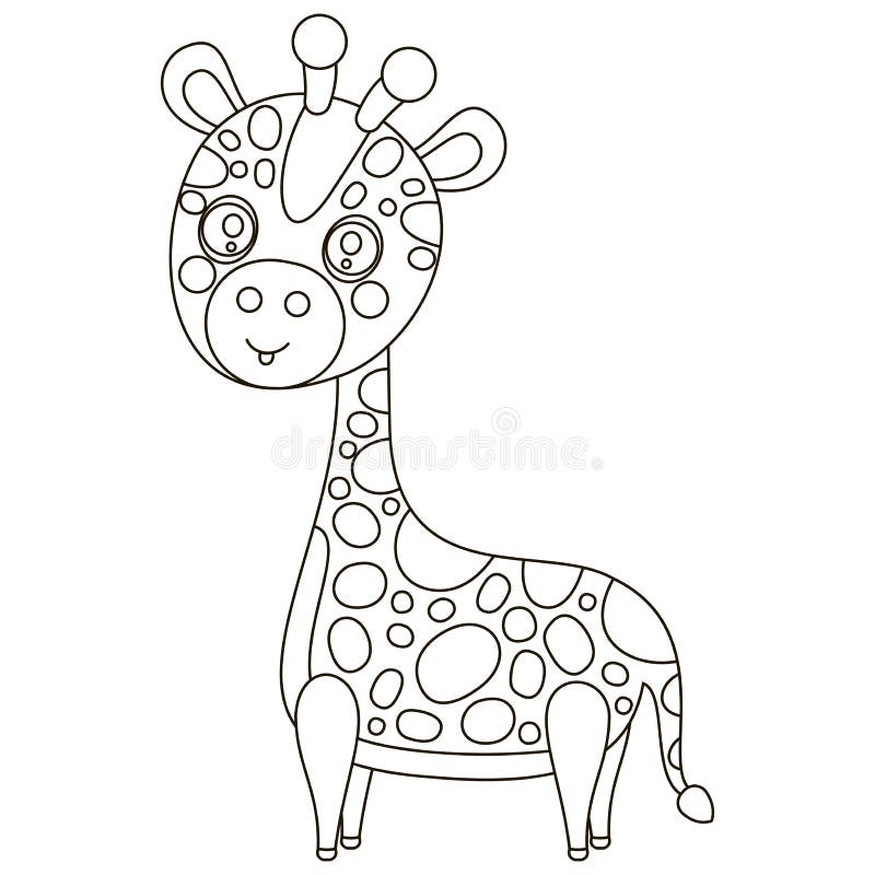 Cute cartoon black and white baby giraffe single outline african animal for printing on childrens clothing coloring book logo stock vector