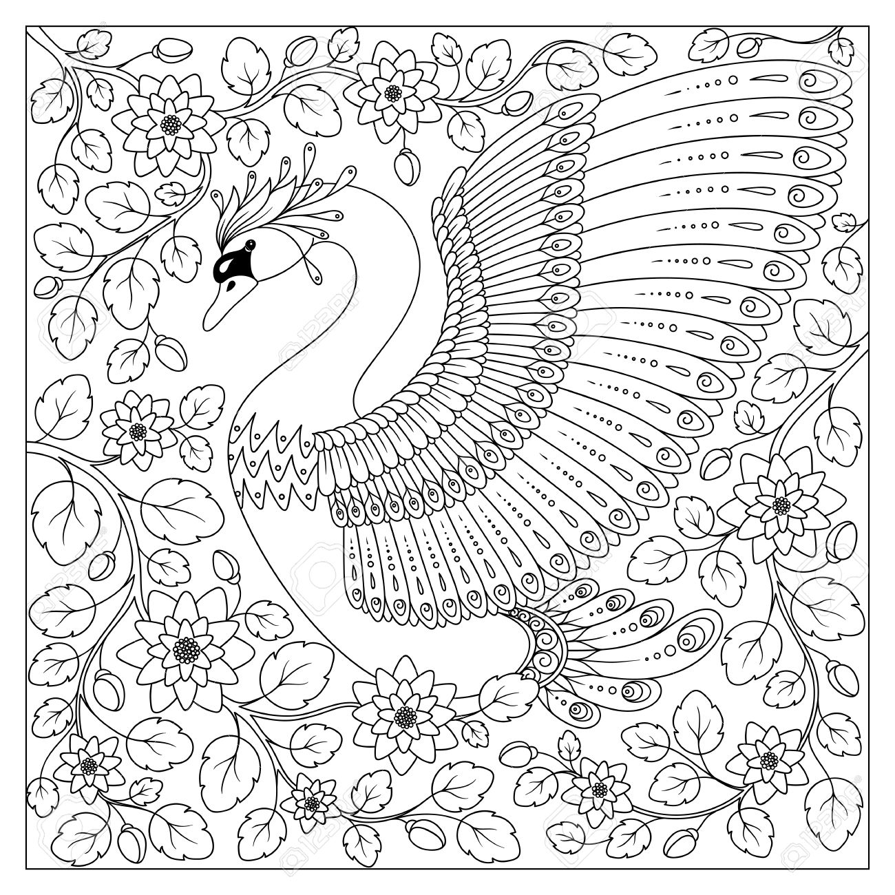 Hand drawing artistic swan in flowers for adult coloring pages in doodle zentangle tribal style ethnic ornamental patterned tattoo logo t