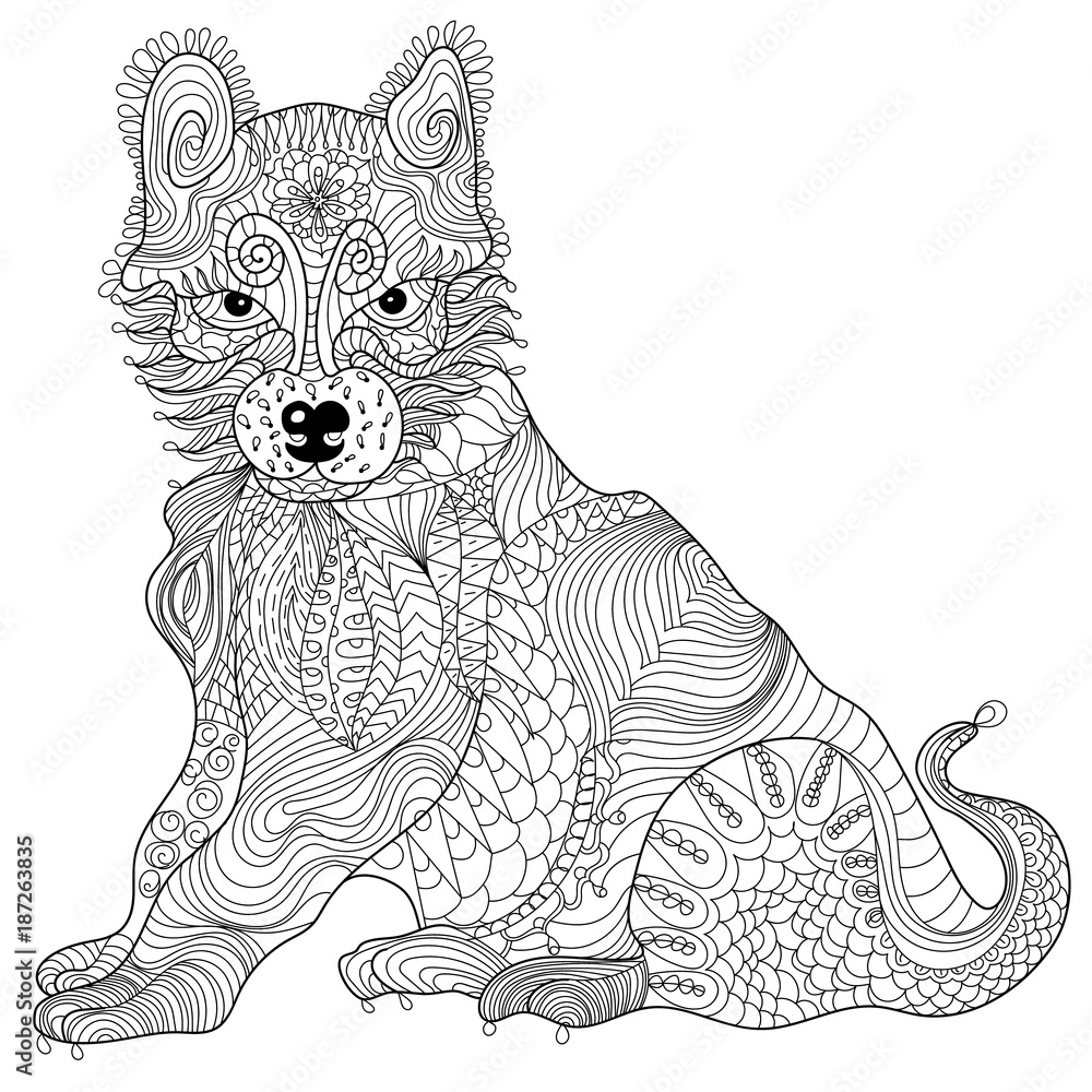 Dog anti stress vector coloring book for adult isolated ornament on white background with doodle and zentangle elements freehand ethnic drawing for tattoo or logo template decorative piece page vector de