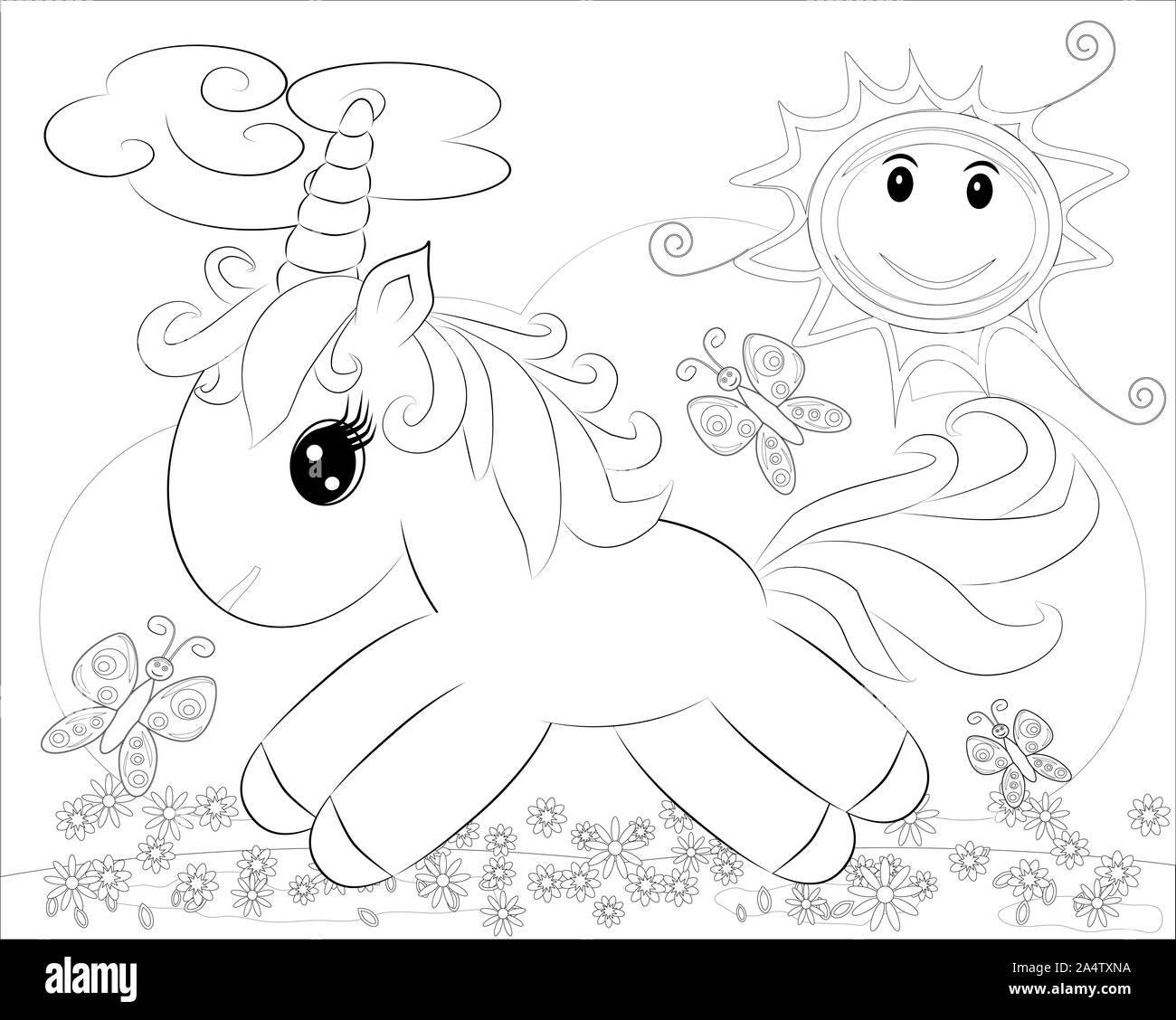 Coloring pages little cute pony and rainbow stock photo