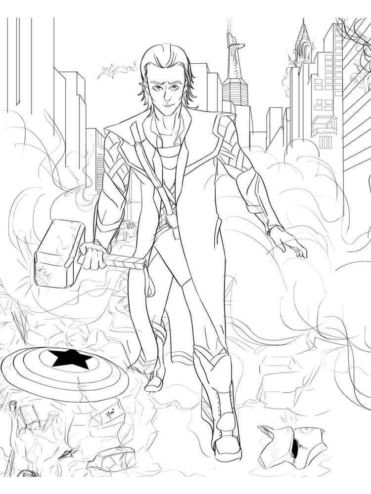 Loki holding hammer coloring page