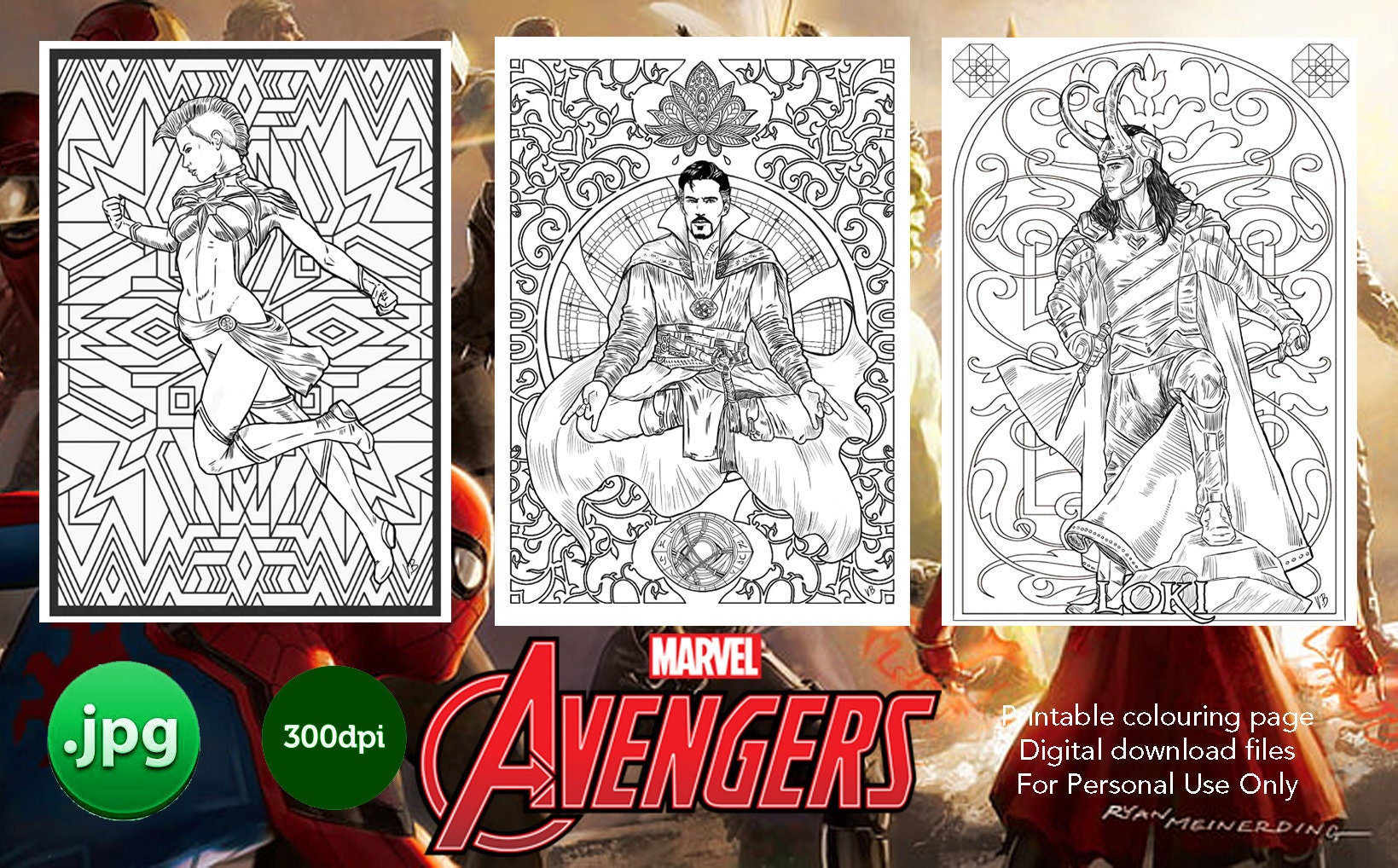 Marvel coloring pack loki doctor strange captain marvel digital download