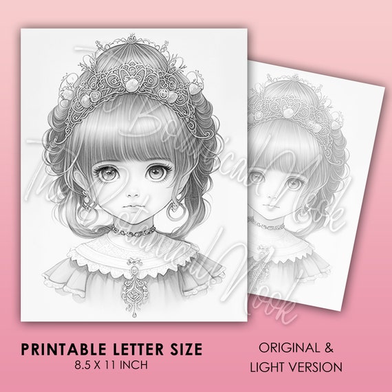 Pretty princess royal girls fantasy anime coloring page adults kids instant download fairy elf coloring gift printable art pdf