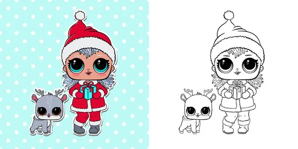 Line art cute baby fawn lol doll surprised dressed santa stock vector by yuliyapoleeva