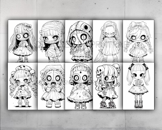 Anime chibi horror girls coloring book page manga fantasy chibi coloring pages for adults instant download printable pdf download now