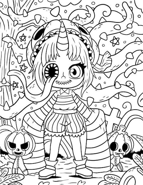 Premium vector hand drawn pastel goth coloring page creepy spooky kawaii coloring pages