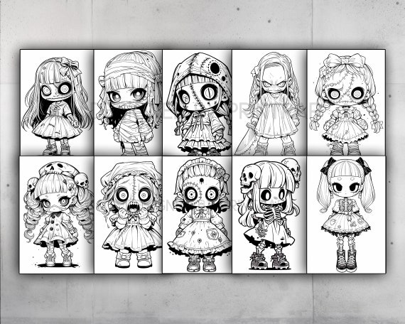 Anime chibi horror girls coloring book page manga fantasy chibi coloring pages for adults instant download printable pdf download now