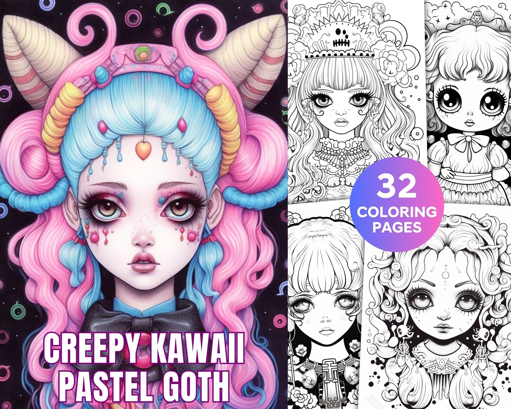 Creepy kawaii pastel goth coloring pages printable for adults gray â coloring