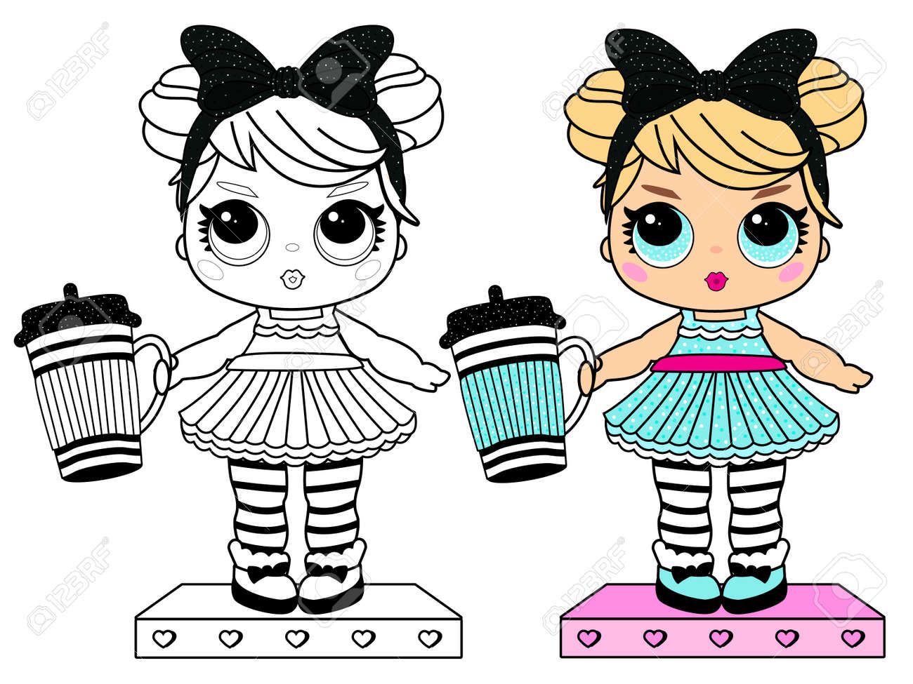 Coloring page book for little girl girlish doll surprise style printable colorful black and white painting blond with big blue eyes in dress royalty free svg cliparts vectors and stock illustration image