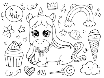 Premium vector cute baby unicorn sitting with cupcake doodle drawing coloring page illustration