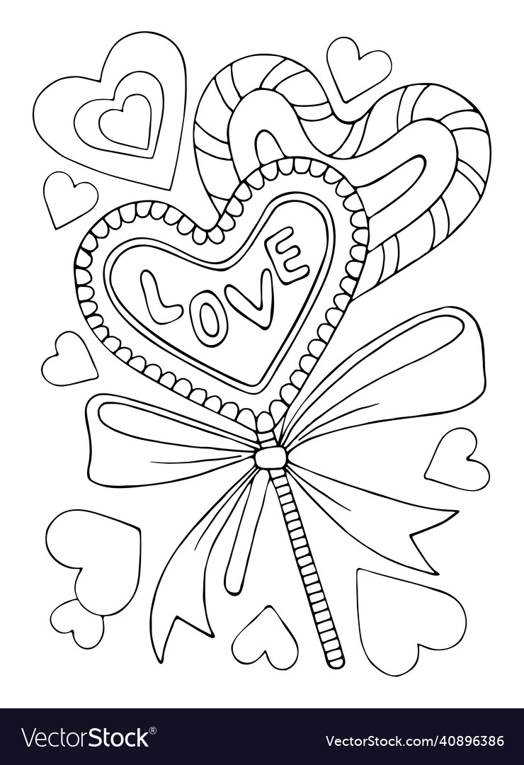 Coloring page love cute sweet lollipop hearts vector image