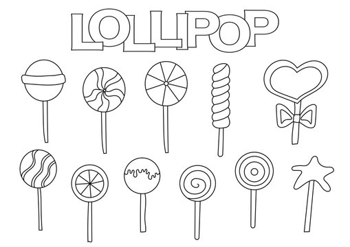 Lollipop elements hand drawn set coloring book template outline doodle elements vector illustration kids game page vector