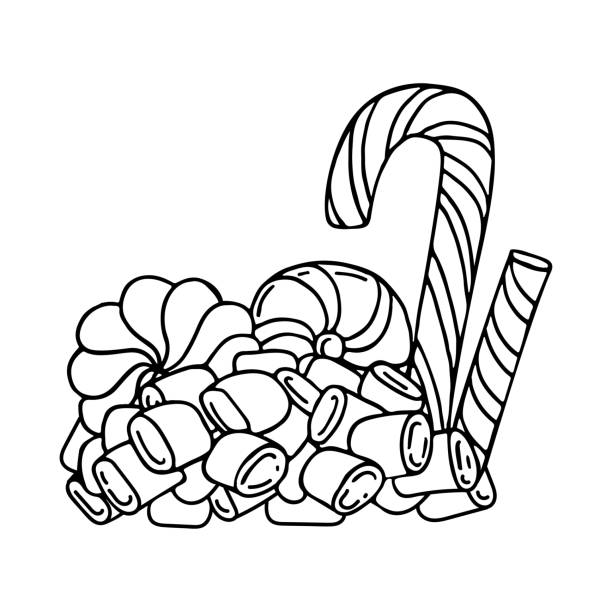 Coloring page of sweets holiday candy lollipop caramel and marshmallow hand drawn vector doodles coloring book for children and adults black and white line art sketch stock illustration