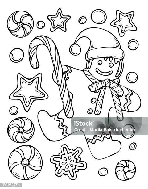 Coloring book christmas gingerbread man in santa hat festive cookies lollipop cane candy hand drawn line