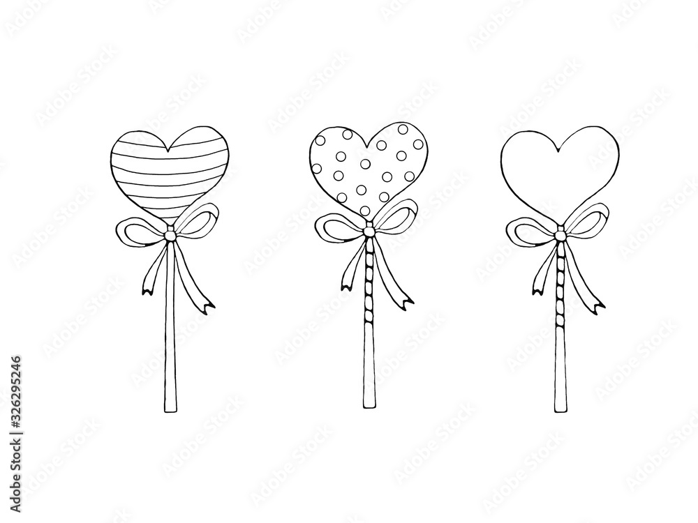 Set of contour heart shaped lollipop candy with ribbon coloring page valentines day easter holidays clip art element hand drawn outline black and white simple illustration illustration