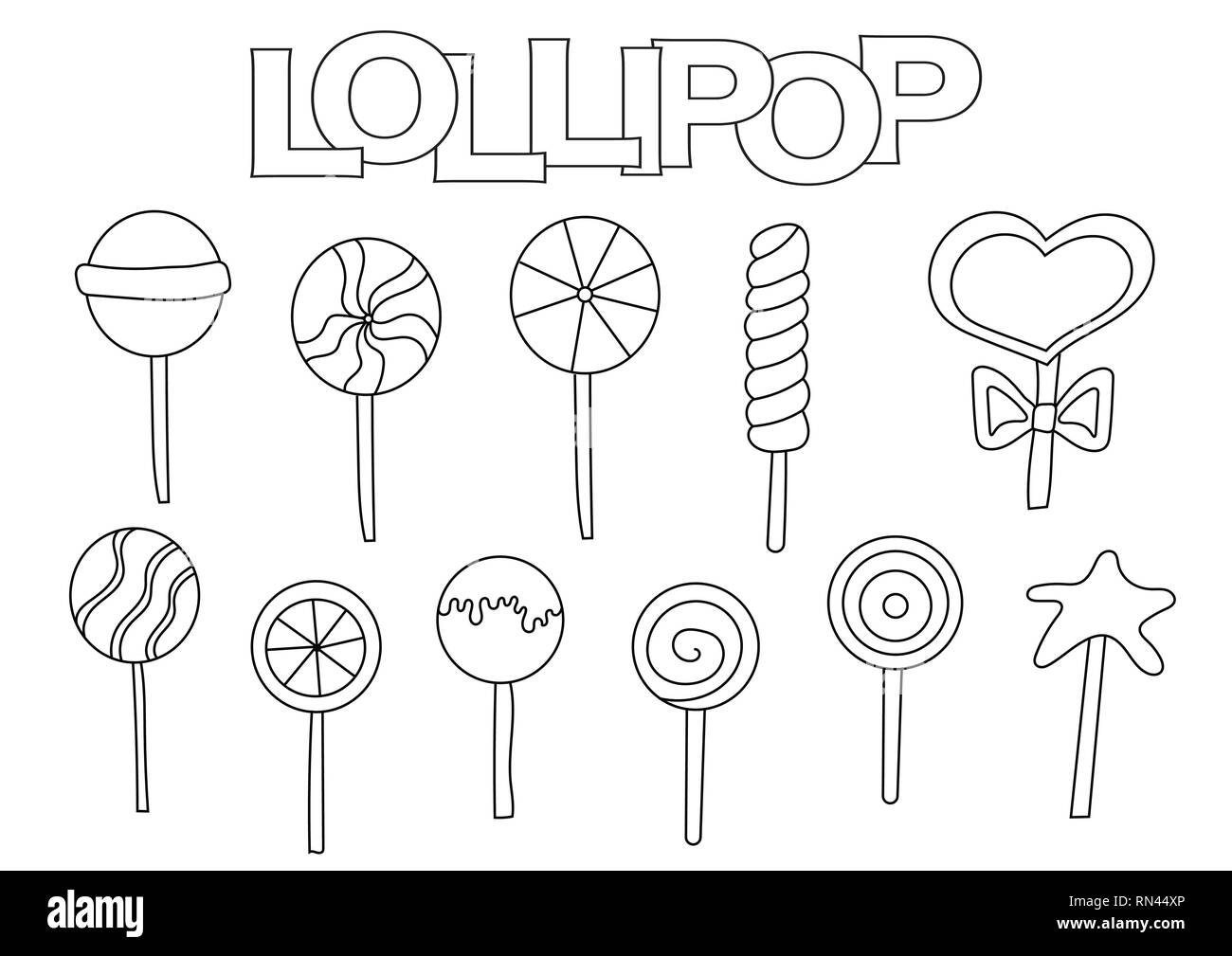 Lollipop elements hand drawn set coloring book template outline doodle elements vector illustration kids game page stock vector image art