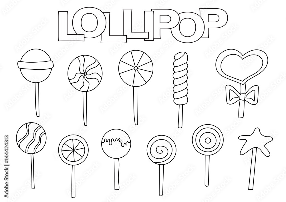 Lollipop elements hand drawn set coloring book template outline doodle elements vector illustration kids game page vector