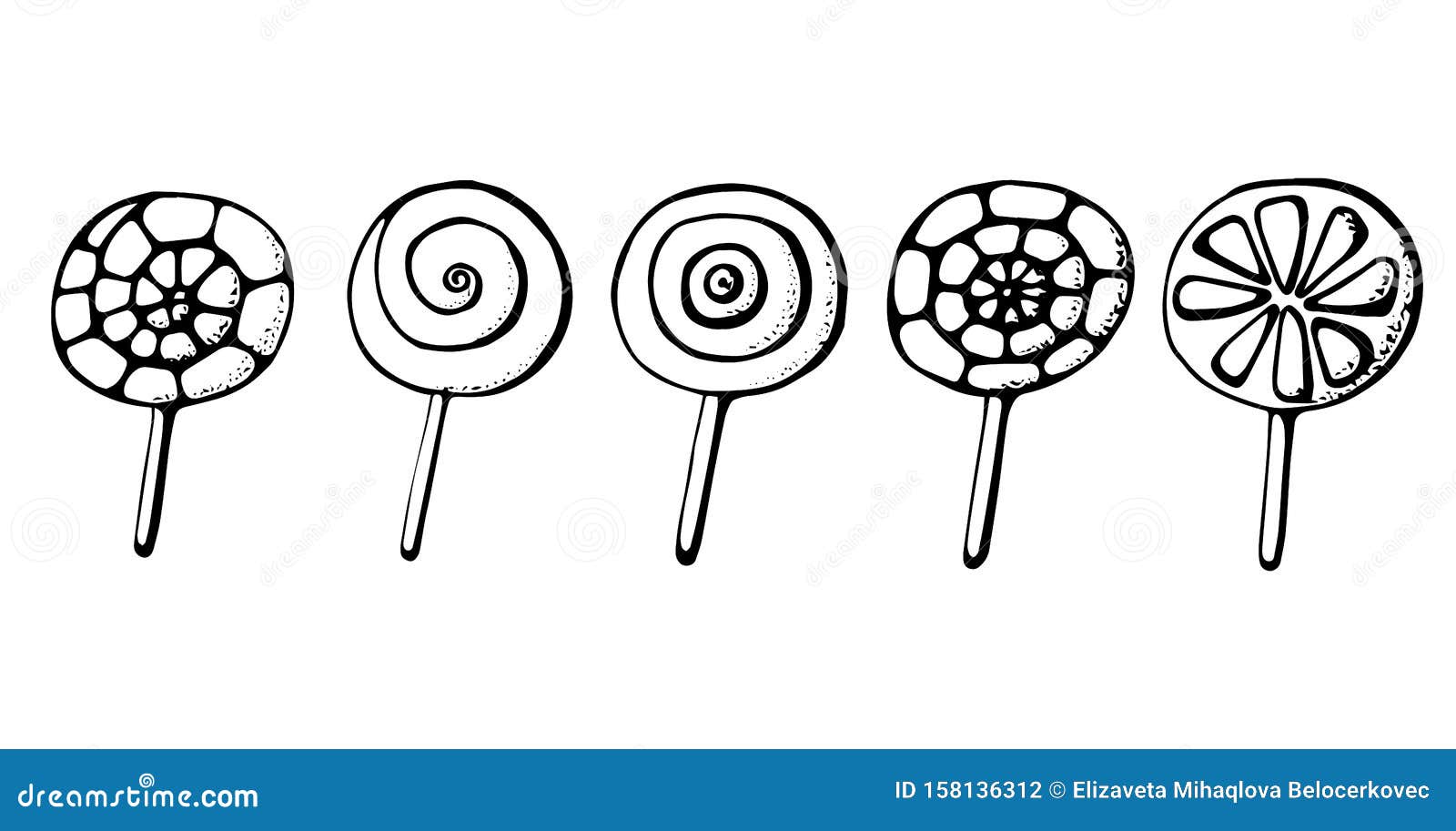 Lollipop elements hand drawn set coloring book template outline doodle elements vector illustration stock vector