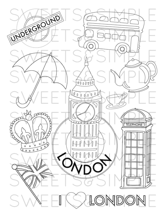 London coloring page coloring sheet i love london england adult coloring collage instant download printable