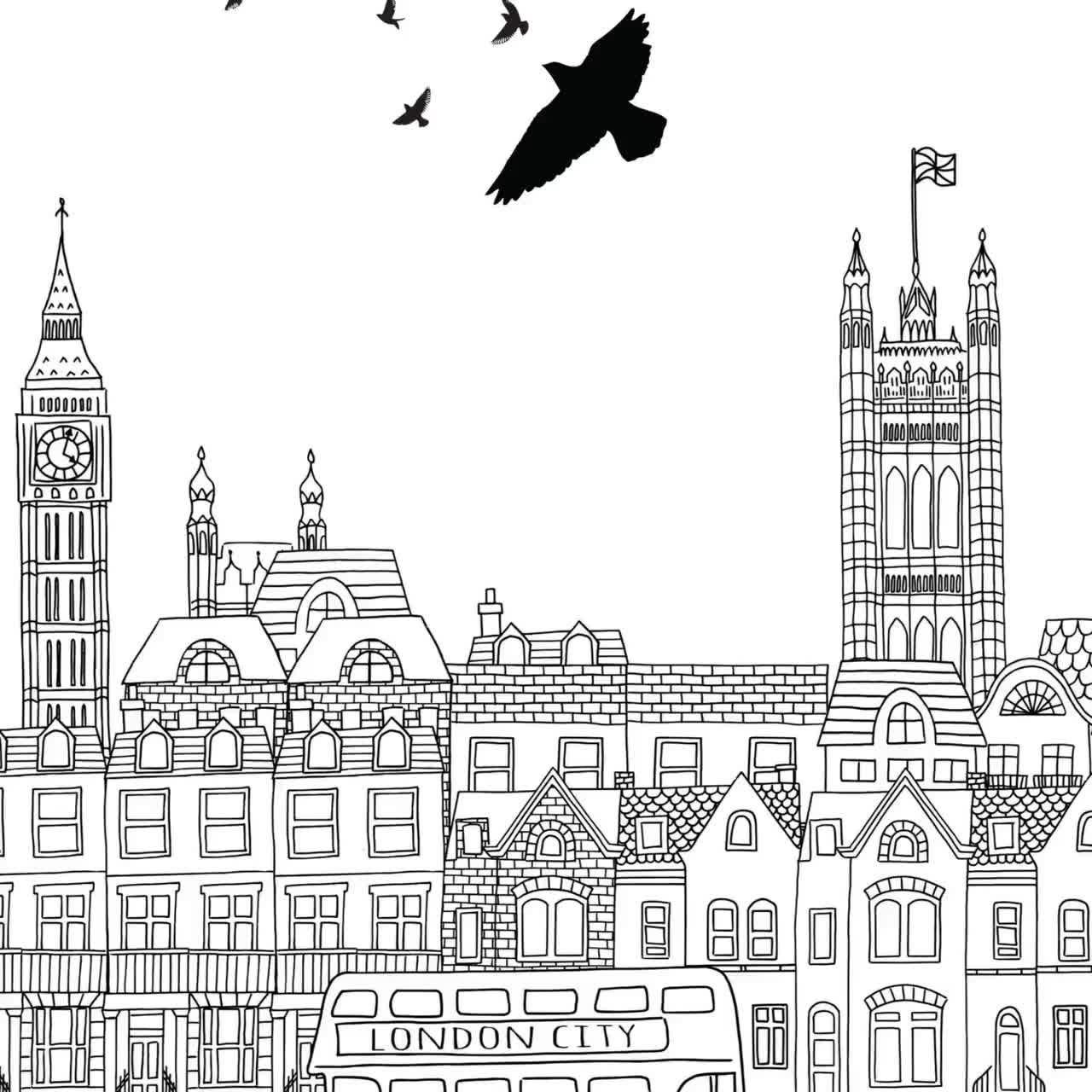 London city coloring sheet printable for adults kidshand drawn illustration blackwhite postercoloring page as bannerinstant download