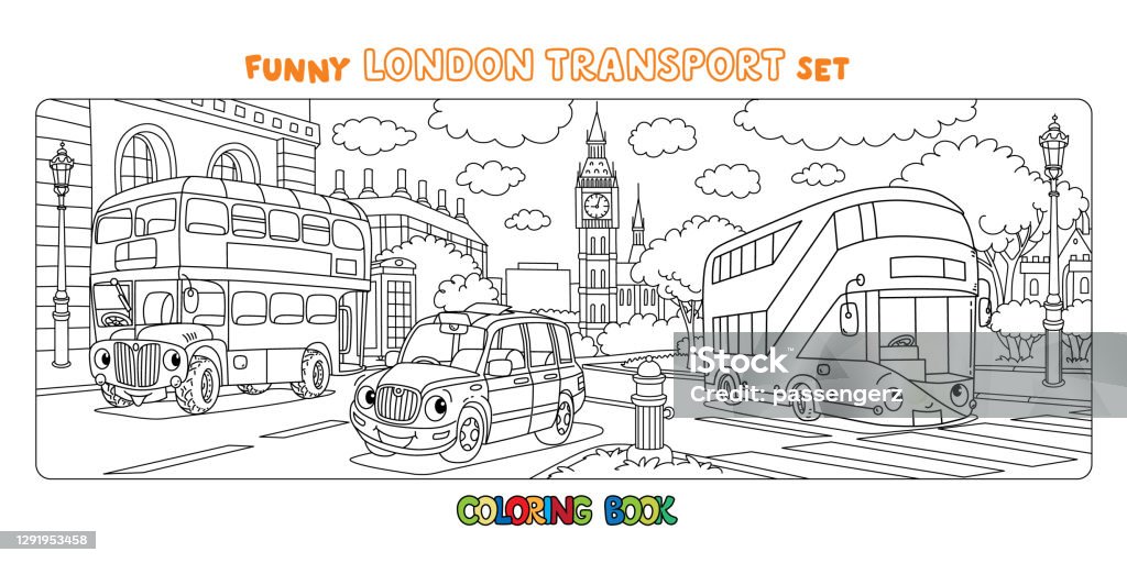 Funny london transport set coloring book for kids stock illustration