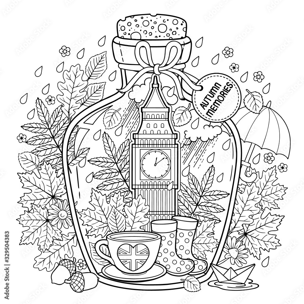 Coloring book for adults a glass vessel with autumn memories of dreams about a trip to