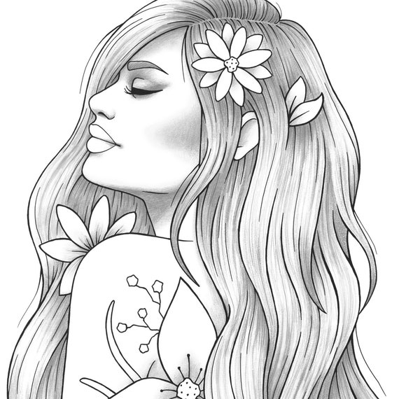 Printable coloring page girl portrait and clothes colouring sheet floral pdf adult anti