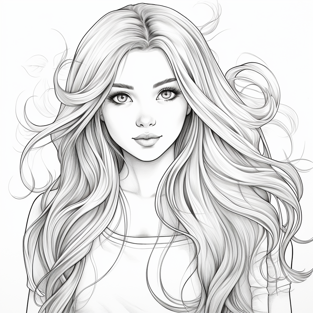 Cute long hair realistic girl coloring pages