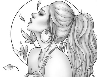 Printable coloring page fantasy character girl floral portrait download now