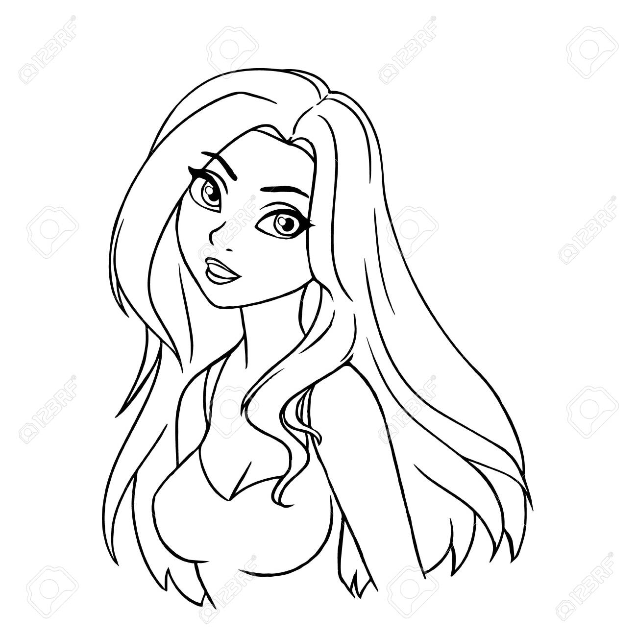 Beautiful cartoon smiling girl portrait long hair big eyes outline art for coloring book royalty free svg cliparts vectors and stock illustration image