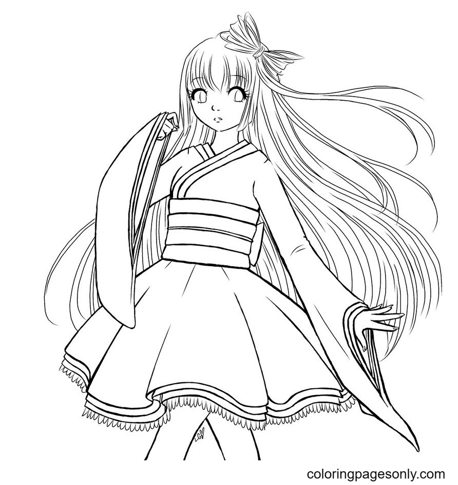 Long hair anime girl coloring pages printable for free download