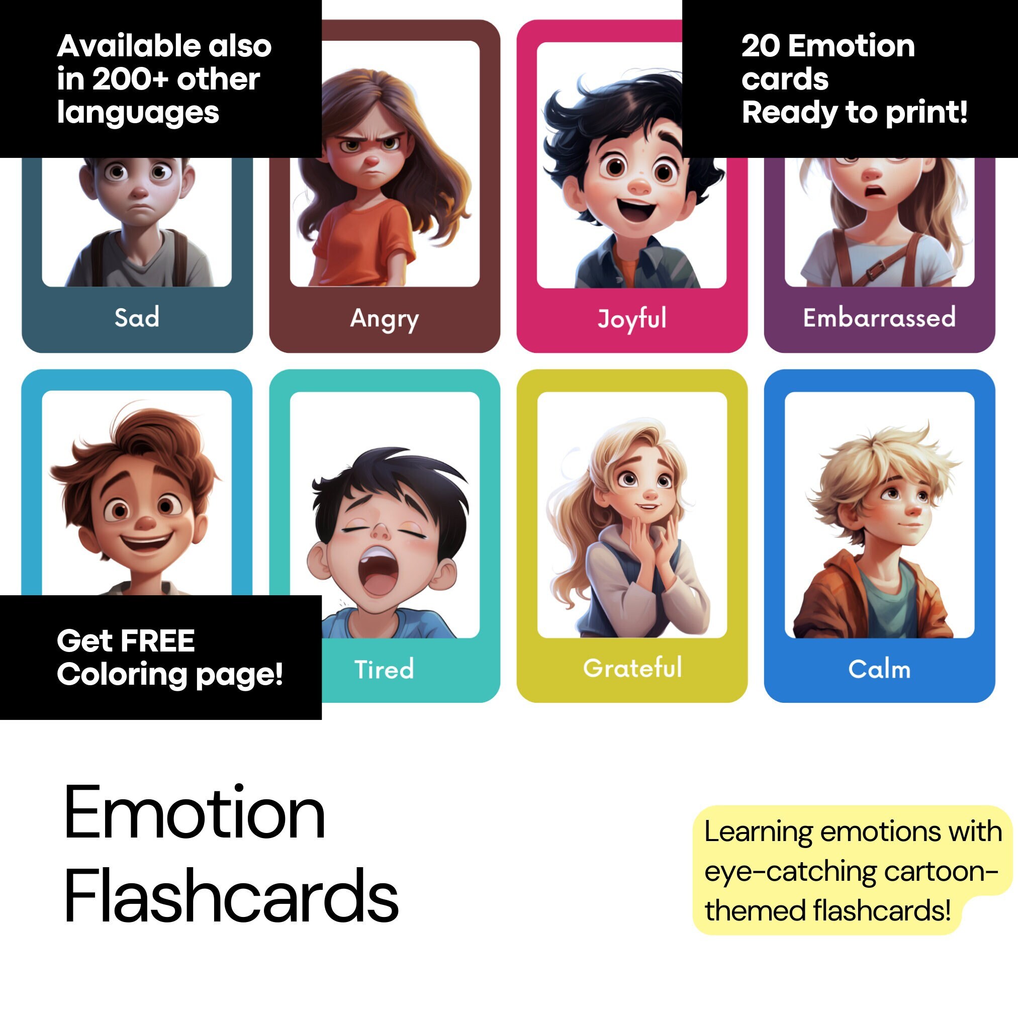 Printable emotion flashcards with cartoon theme for education and homeschooling free bunny coloring page