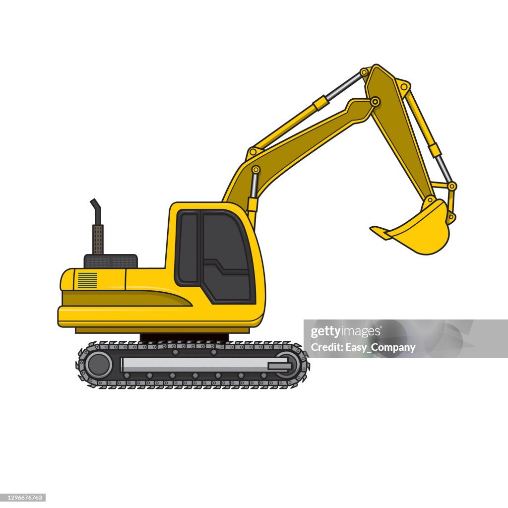 Yellow excavator digger crawler wheels vehicle equipment machine construction site only black and white for coloring page children book high