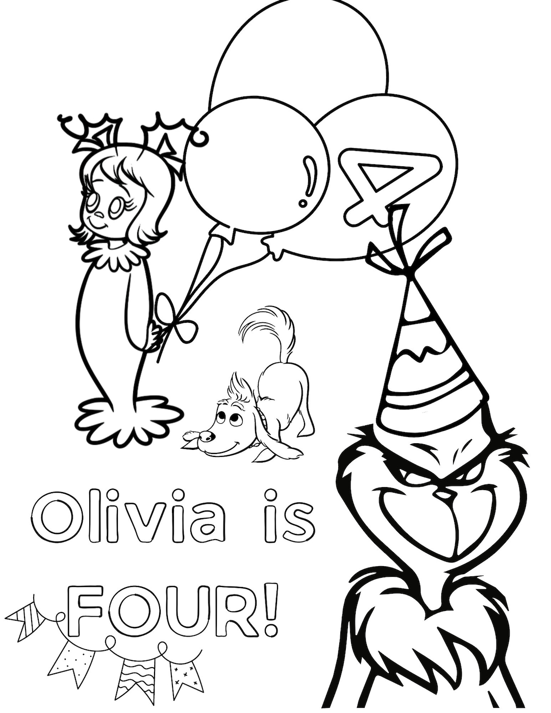 Fully customizable grinch birthday coloring sheet