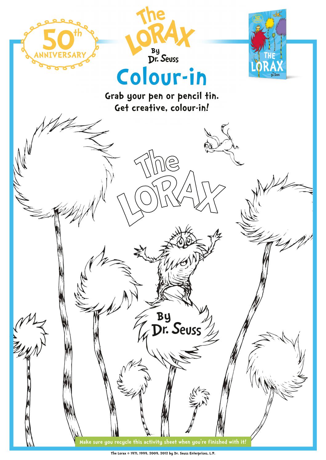 The lorax th anniversary activity sheets by harpercollinschildrens