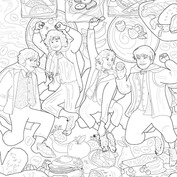 Hobbits and brunch funny printable pdf adult coloring sheet fellowship of the ring hobbit lord of the rings art print download download now