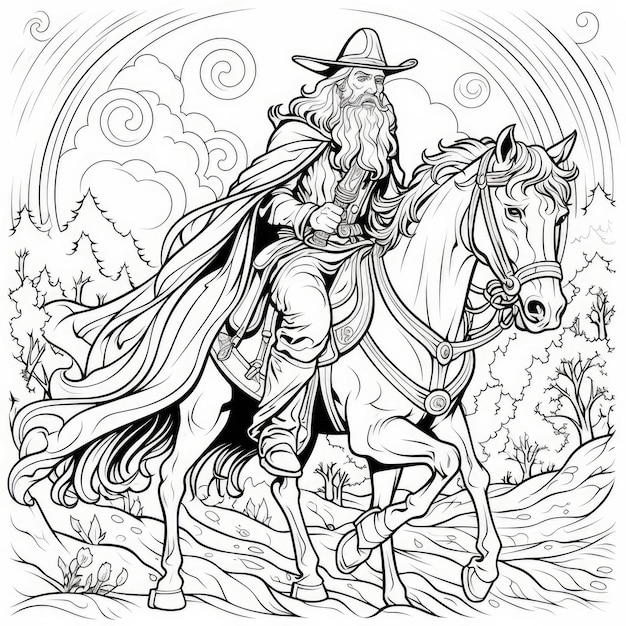 Premium ai image a wizard on a horse as a coloring page