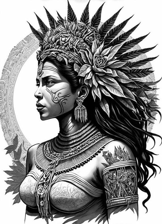 Adult coloring sheet of a beautiful aztec queen ai generated coloring page closeup portrait of a mayan warrior goddess instant download