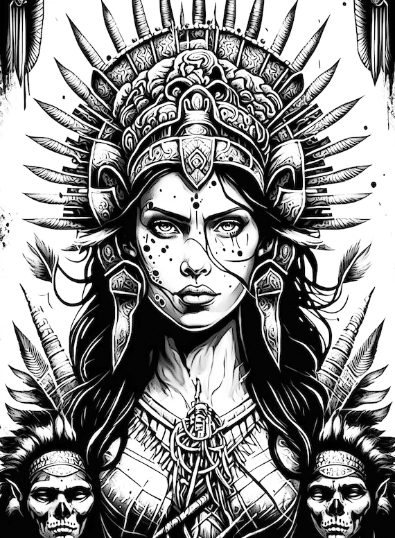 Female aztec queen coloring page adult coloring sheet of the face of a mexica goddess chicano cultural icon instant digital download instant download