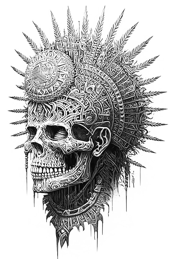 Highly detailed aztec temple skull coloring page adult coloring of skull of a mexica warrior chicano culture instant digital download