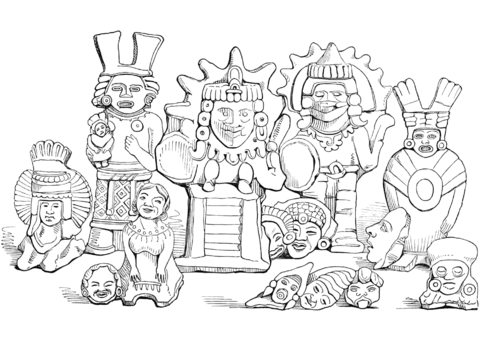 Aztec figures in clay coloring page free printable coloring pages